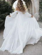 Beach Wedding Dress A Line Off Shoulder Long Sleeve Chiffon Gown With Chapel Train Front Split Romantic For Beach Brides