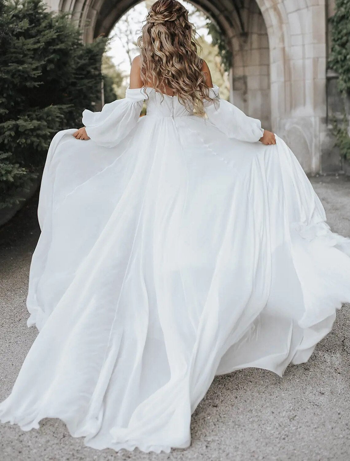 Beach Wedding Dress A Line Off Shoulder Long Sleeve Chiffon Gown With Chapel Train Front Split Romantic For Beach Brides