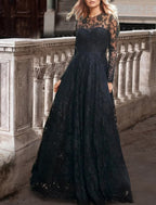 Black Gothic Lace Wedding Dress For Brides A Line Scoop Neck Long Sleeve Sweep Train Pleated Bridal Gown