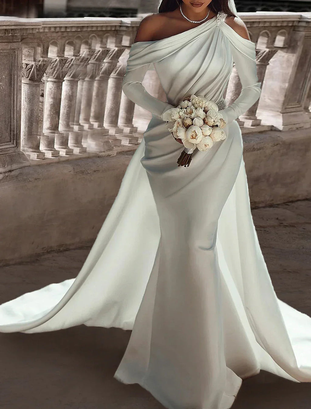 Elegant Bridal Formal Satin Two Piece One Shoulder Wedding Dress With Long Sleeves Floor Length Beading Sash