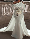 Elegant Bridal Formal Satin Two Piece One Shoulder Wedding Dress With Long Sleeves Floor Length Beading Sash