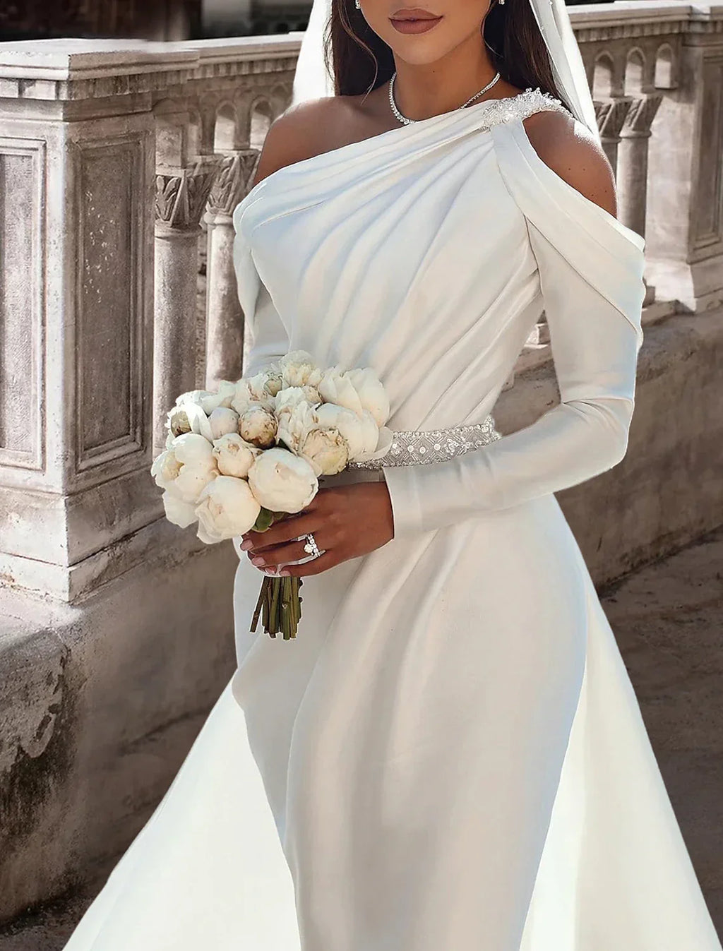 Elegant Bridal Formal Satin Two Piece One Shoulder Wedding Dress With Long Sleeves Floor Length Beading Sash