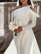 Elegant Bridal Formal Satin Two Piece One Shoulder Wedding Dress With Long Sleeves Floor Length Beading Sash