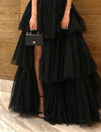 A-Line Evening Dress Black Dress Plus Size Tiered Plisse Dress Masquerade Prom Floor Length Sleeveless One Shoulder Gothic Tulle with Slit