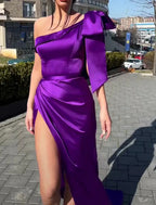 Mermaid / Trumpet Evening Gown High Split Dress Formal Prom Sweep / Brush Train Sleeveless One Shoulder Satin with Bow(s)