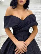A Line Prom Dress Glittering Off Shoulder Sequin Gown With Brush Train For Black Tie Gala For Prom Goers