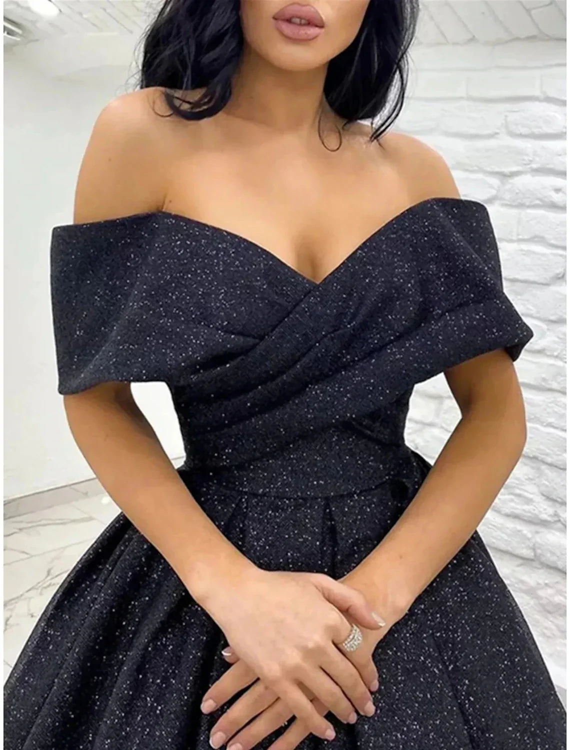 A Line Prom Dress Glittering Off Shoulder Sequin Gown With Brush Train For Black Tie Gala For Prom Goers