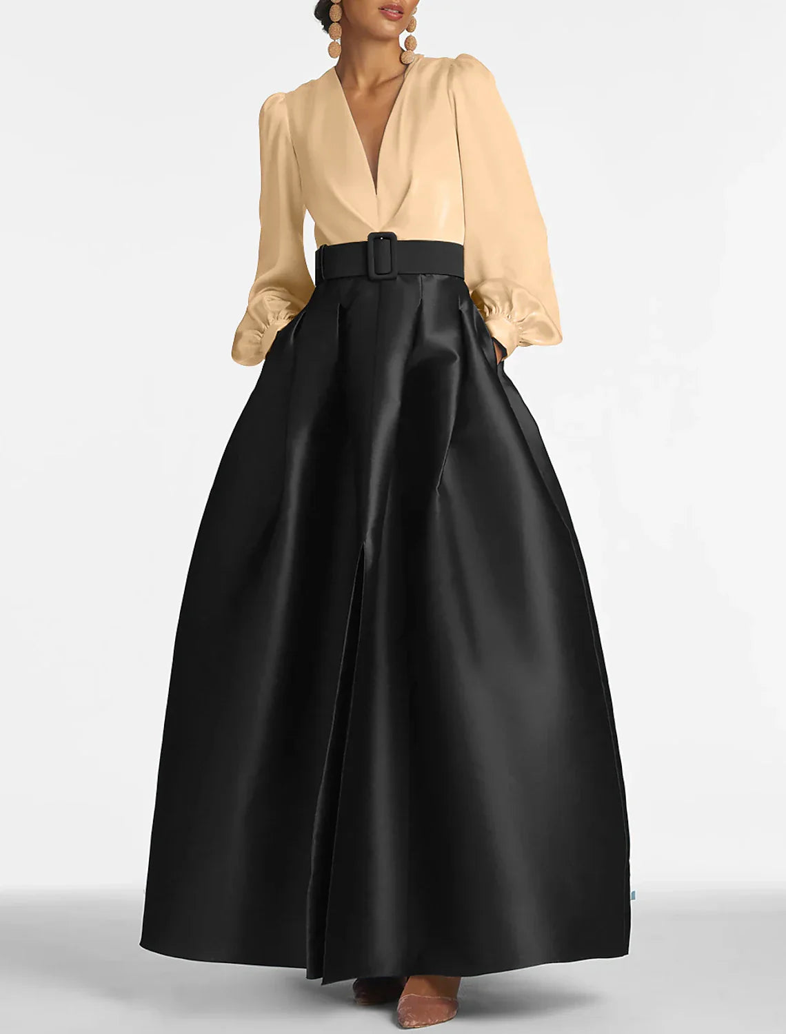 Elegant Aline Satin Evening Gown With Pockets Long Sleeve High Split For Wedding Guests Navy