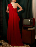 Sheath / Column Evening Gown Christmas Red Green Dress Elegant Dress Formal Sweep / Brush Train Sleeveless One Shoulder Stretch Chiffon with Pleats Ruched