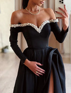 A-Line Evening Gown Black Dress Dress Formal Masquerade Sweep / Brush Train Long Sleeve Off Shoulder Satin with Pearls