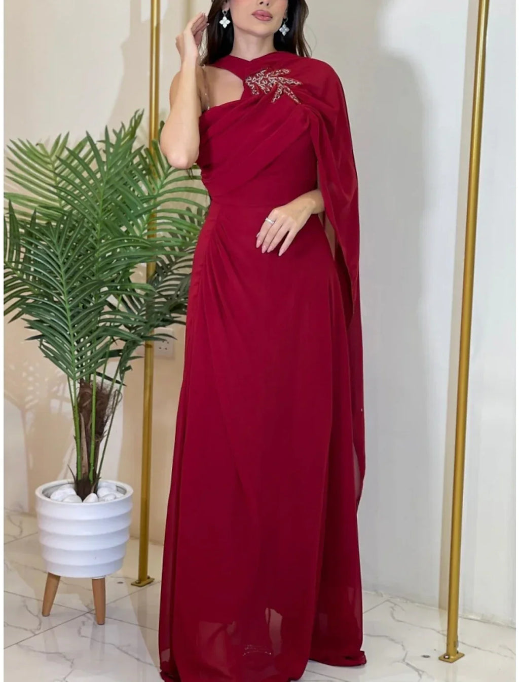 A-Line Evening Gown Elegant Dress Formal Sweep / Brush Train Christmas Red Green Dress Sleeveless Halter Neck Stretch Chiffon with Pleats Ruched Shouder Flower