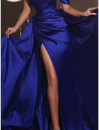 A-Line Evening Gown Elegant Dress Formal Sweep / Brush Train Short Sleeve One Shoulder Satin with Pleats Ruched