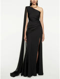 A-Line Evening Gown Elegant Dress Formal Sweep / Brush Train Black Dress Sleeveless One Shoulder Imitation Silk with Pleats Ruched