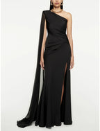 A-Line Evening Gown Elegant Dress Formal Sweep / Brush Train Black Dress Sleeveless One Shoulder Imitation Silk with Pleats Ruched