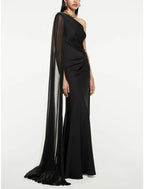 A-Line Evening Gown Elegant Dress Formal Sweep / Brush Train Black Dress Sleeveless One Shoulder Imitation Silk with Pleats Ruched