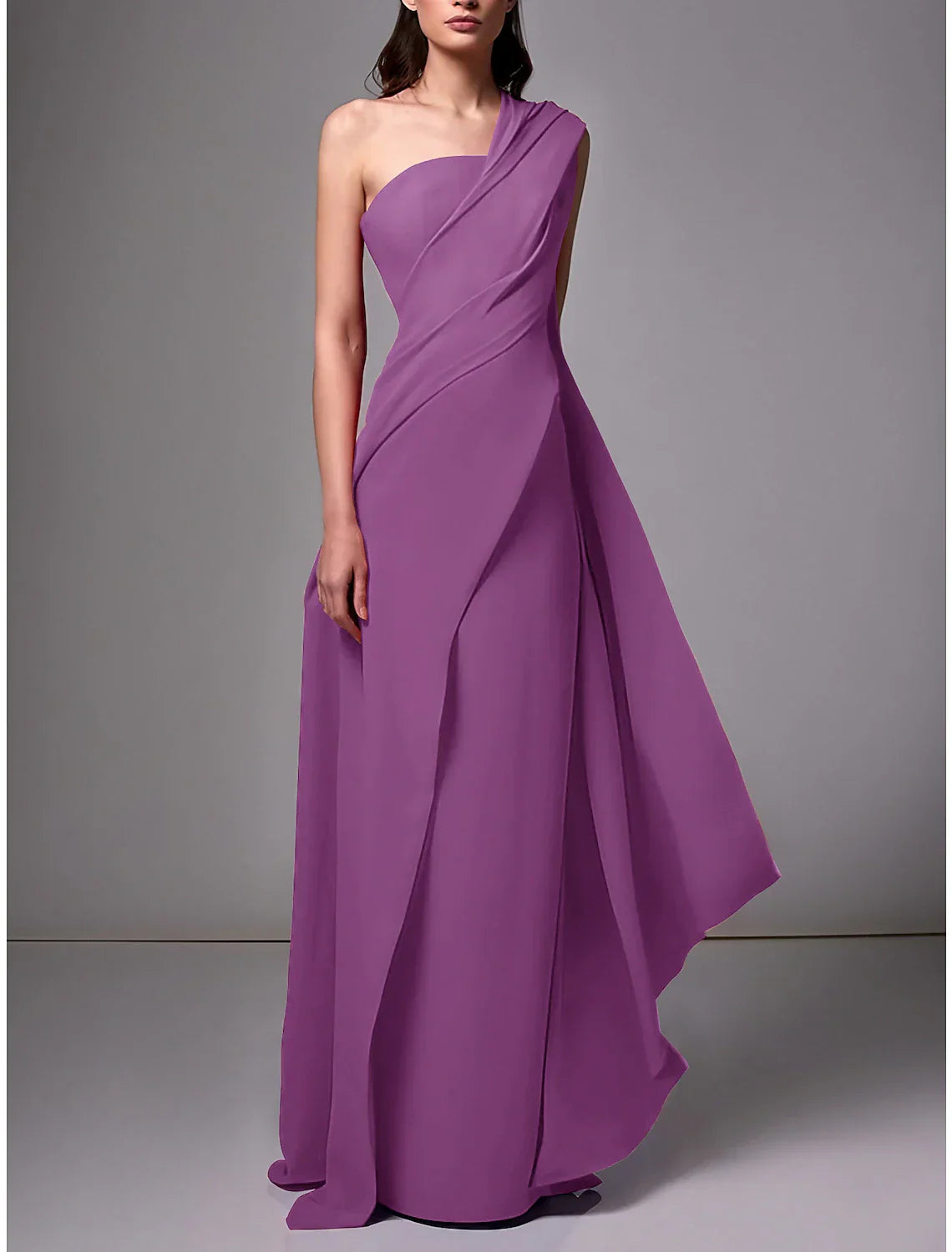 Sheath / Column Evening Gown Christmas Red Green Dress Elegant Dress Formal Sweep / Brush Train Sleeveless One Shoulder Stretch Chiffon with Pleats Ruched