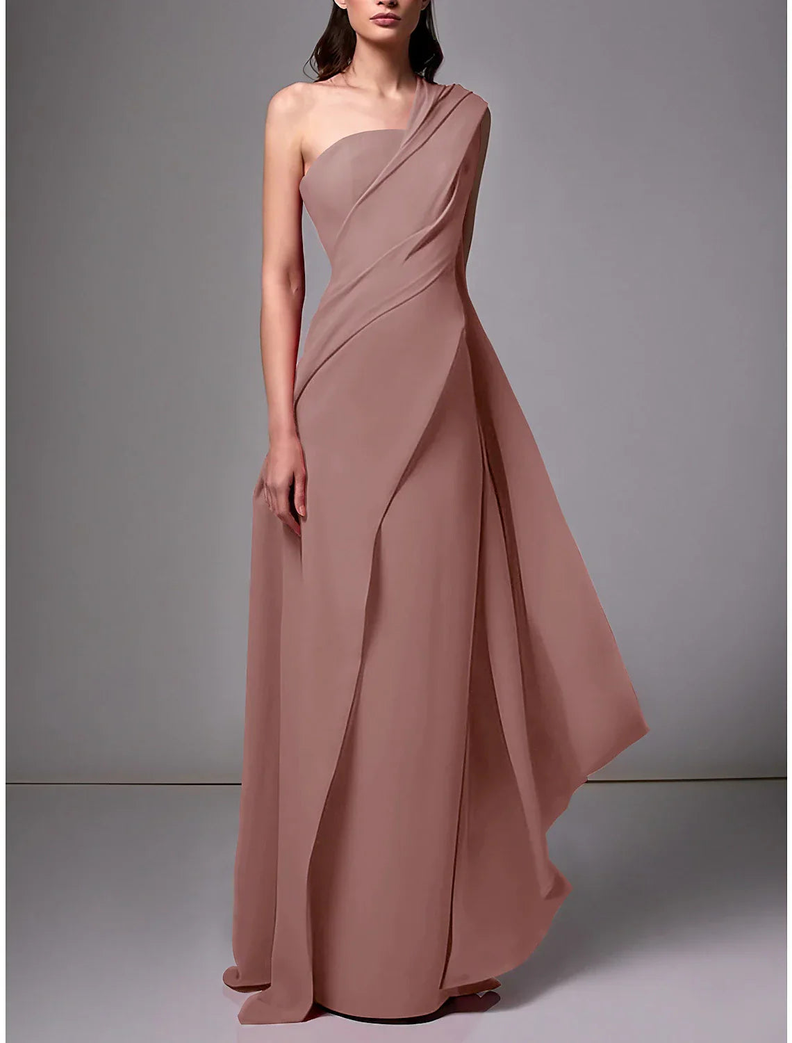 Sheath / Column Evening Gown Christmas Red Green Dress Elegant Dress Formal Sweep / Brush Train Sleeveless One Shoulder Stretch Chiffon with Pleats Ruched