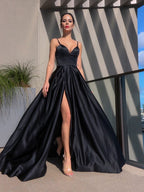 Satin A Line Bridesmaids Dresses With Sleeveless Ruffles Straps Elegant Brush Train