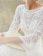 Beach Wedding Dresses Chapel Train A-Line Long Sleeve Jewel Neck Satin With