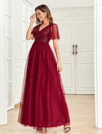 A-Line Party Dresses Empire Dress Party Wear Floor Length Short Sleeve V Neck Tulle V Back with Glitter Sequin