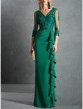 Mother Of The Bride Dress Elegant Sheath Gown With V Neck Floor Length Lace Ruffles Three Quarter Sleeves