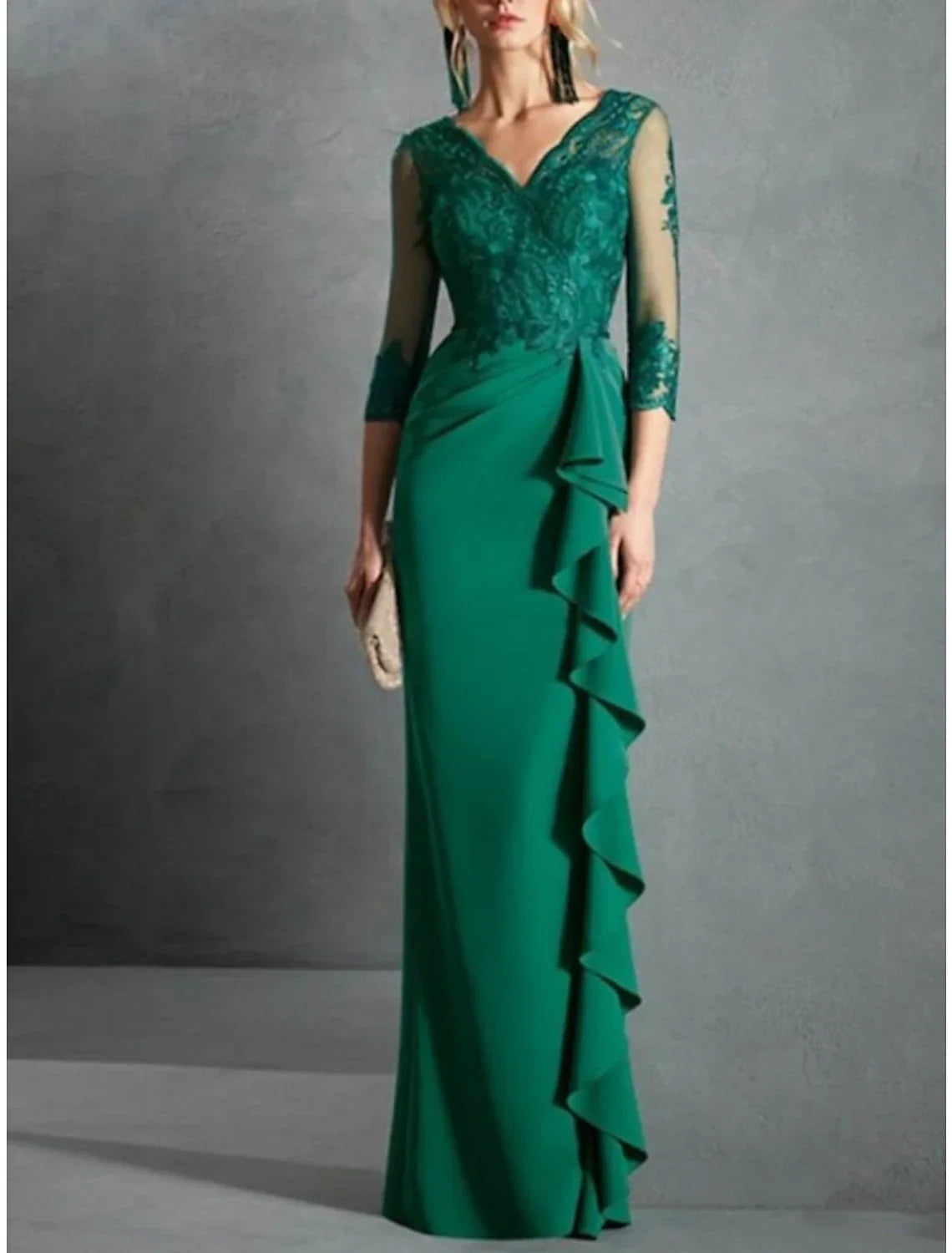 Mother Of The Bride Dress Elegant Sheath Gown With V Neck Floor Length Lace Ruffles Three Quarter Sleeves