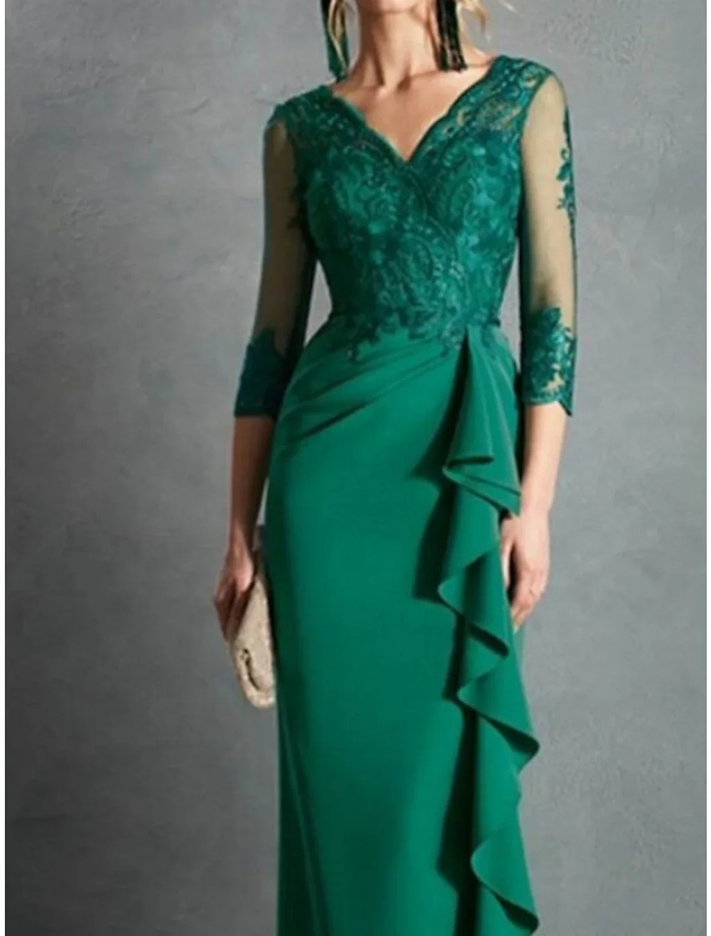 Mother Of The Bride Dress Elegant Sheath Gown With V Neck Floor Length Lace Ruffles Three Quarter Sleeves