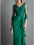 Mother Of The Bride Dress Elegant Sheath Gown With V Neck Floor Length Lace Ruffles Three Quarter Sleeves