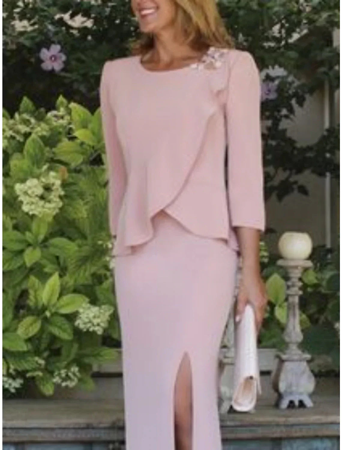 Mother Of The Bride Dress Chiffon Sheath Floor Length With Appliques Elegant Scoop Neck Three Quarter Sleeves