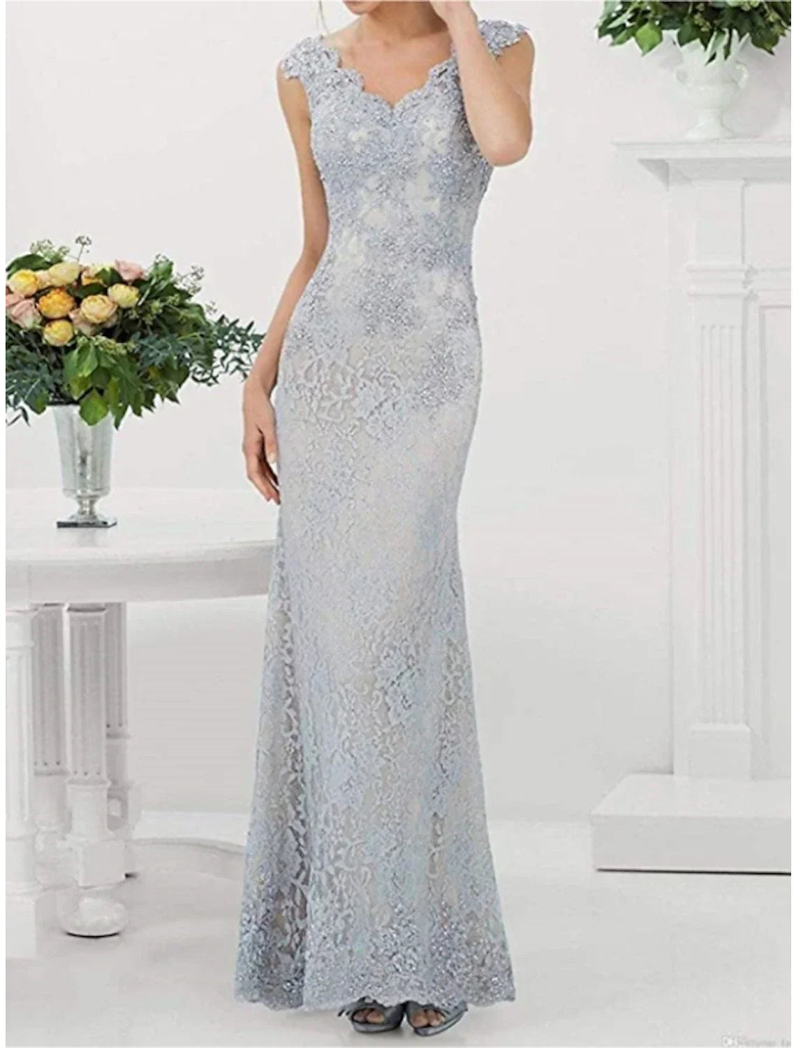 Mother Of The Bride Dress Lace V Neck Floor Length Sleeveless Pleated Sheath For Wedding Guests