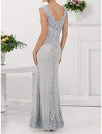 Mother Of The Bride Dress Lace V Neck Floor Length Sleeveless Pleated Sheath For Wedding Guests