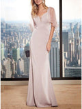 Mother Of The Bride Dress Sheath Gown For Wedding Guests Elegant Chiffon Lace V Neck Floor Length Short Sleeve Pleats