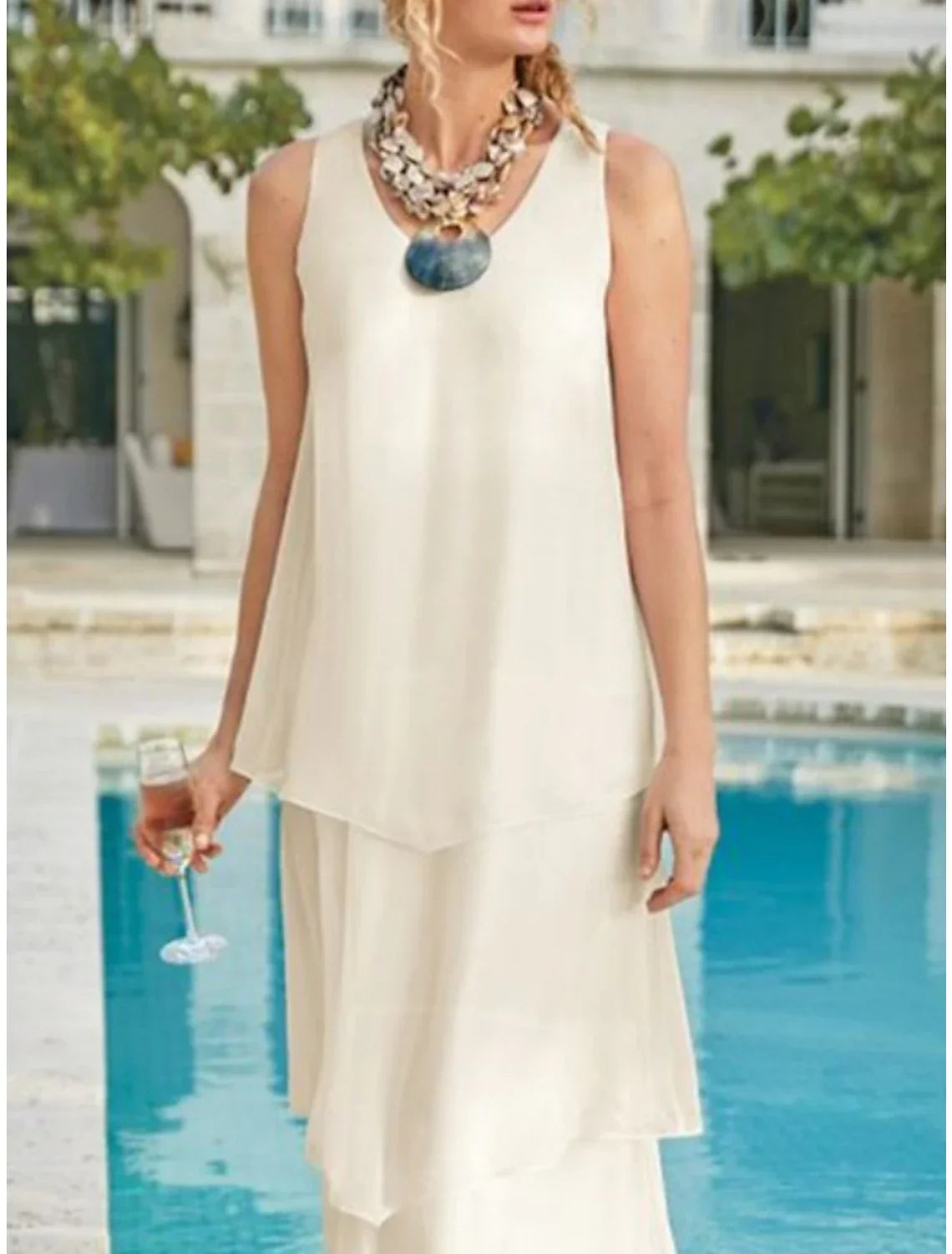 Mother Of The Bride Dress Sheath Gown Chiffon V Neck Ankle Length Sleeveless Elegant Timeless