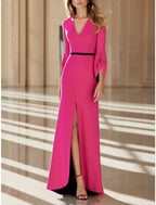 Mother Of The Bride Dress Elegant Sheath V Neck With Brush Train Long Sleeve Stretch Fabric
