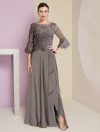 Mother Of The Bride Dress Elegant V Neck A Line Lace Chiffon Beading Appliques Sweep Train Three Quarter Sleeve For MOB