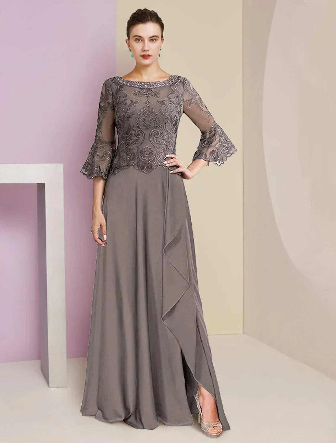 Mother Of The Bride Dress Elegant V Neck A Line Lace Chiffon Beading Appliques Sweep Train Three Quarter Sleeve For MOB