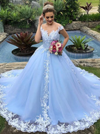 Engagement Wedding Dresses Formal Wedding Dresses Court Train Ball Gown Cap Sleeve V Neck Polyester With Appliques