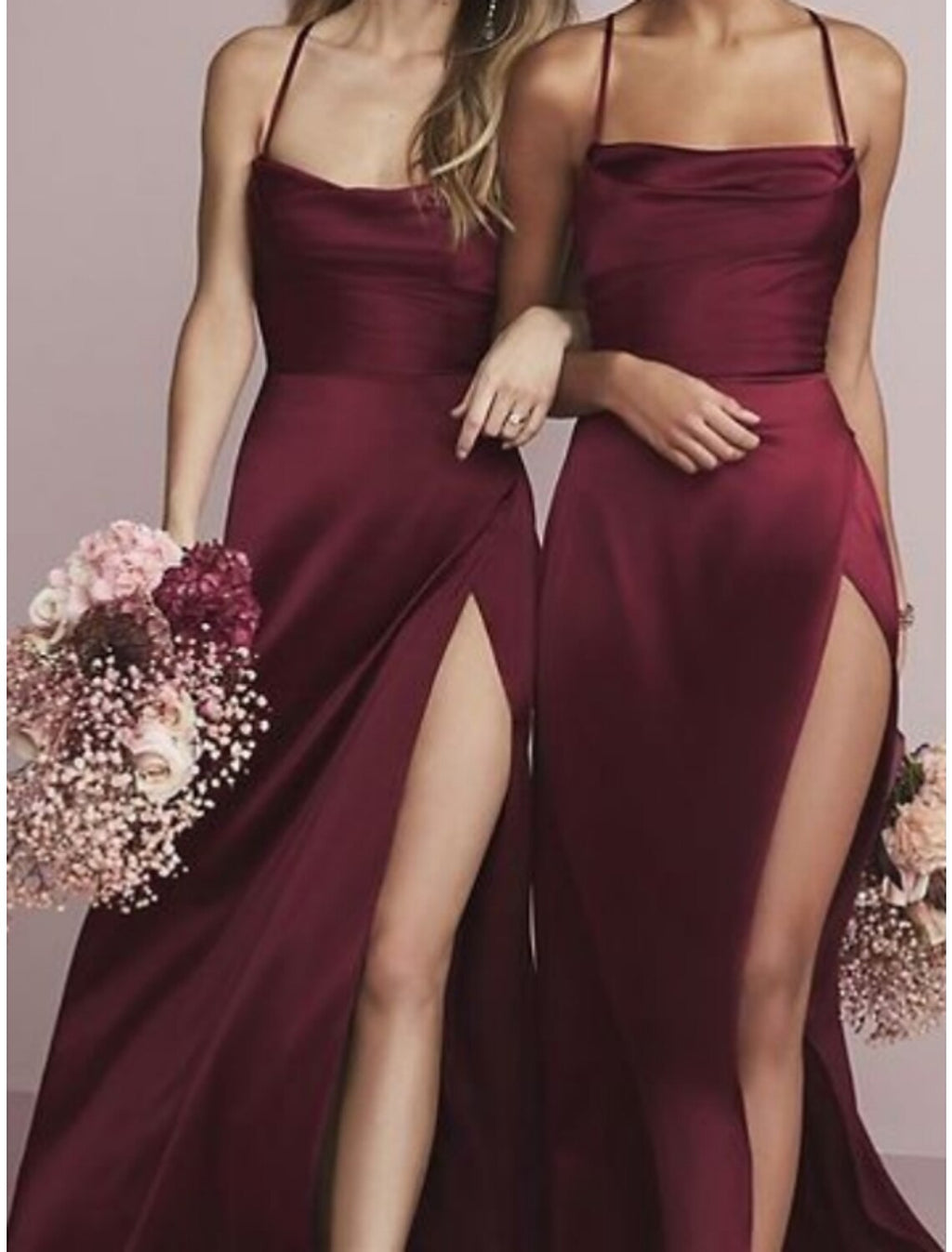 Bridesmaid Dress Sheath Spaghetti Strap Elegant Charmeuse Floor Length Split Front Ruching For Wedding Party