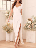 Sheath V Neck Wedding Dress With Short Sleeve Floor Length Bridal Gown With Split For Modern Bride