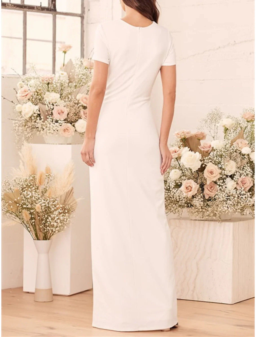 Sheath V Neck Wedding Dress With Short Sleeve Floor Length Bridal Gown With Split For Modern Bride