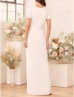 Sheath V Neck Wedding Dress With Short Sleeve Floor Length Bridal Gown With Split For Modern Bride