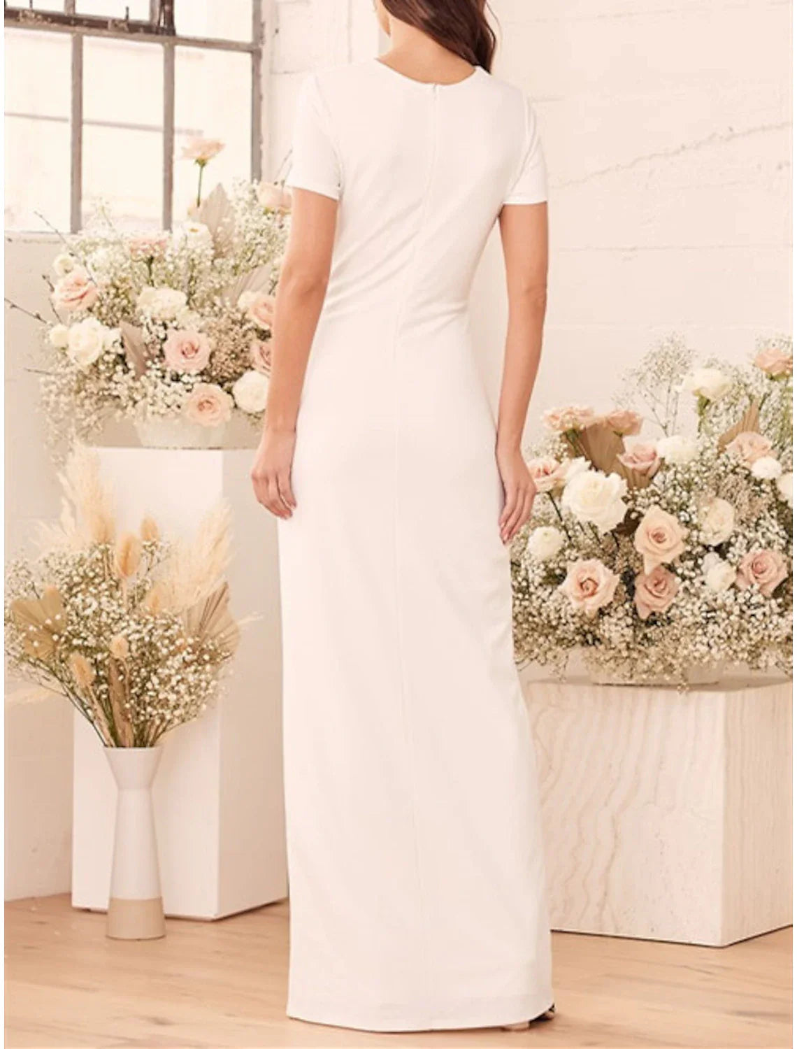 Sheath V Neck Wedding Dress With Short Sleeve Floor Length Bridal Gown With Split For Modern Bride