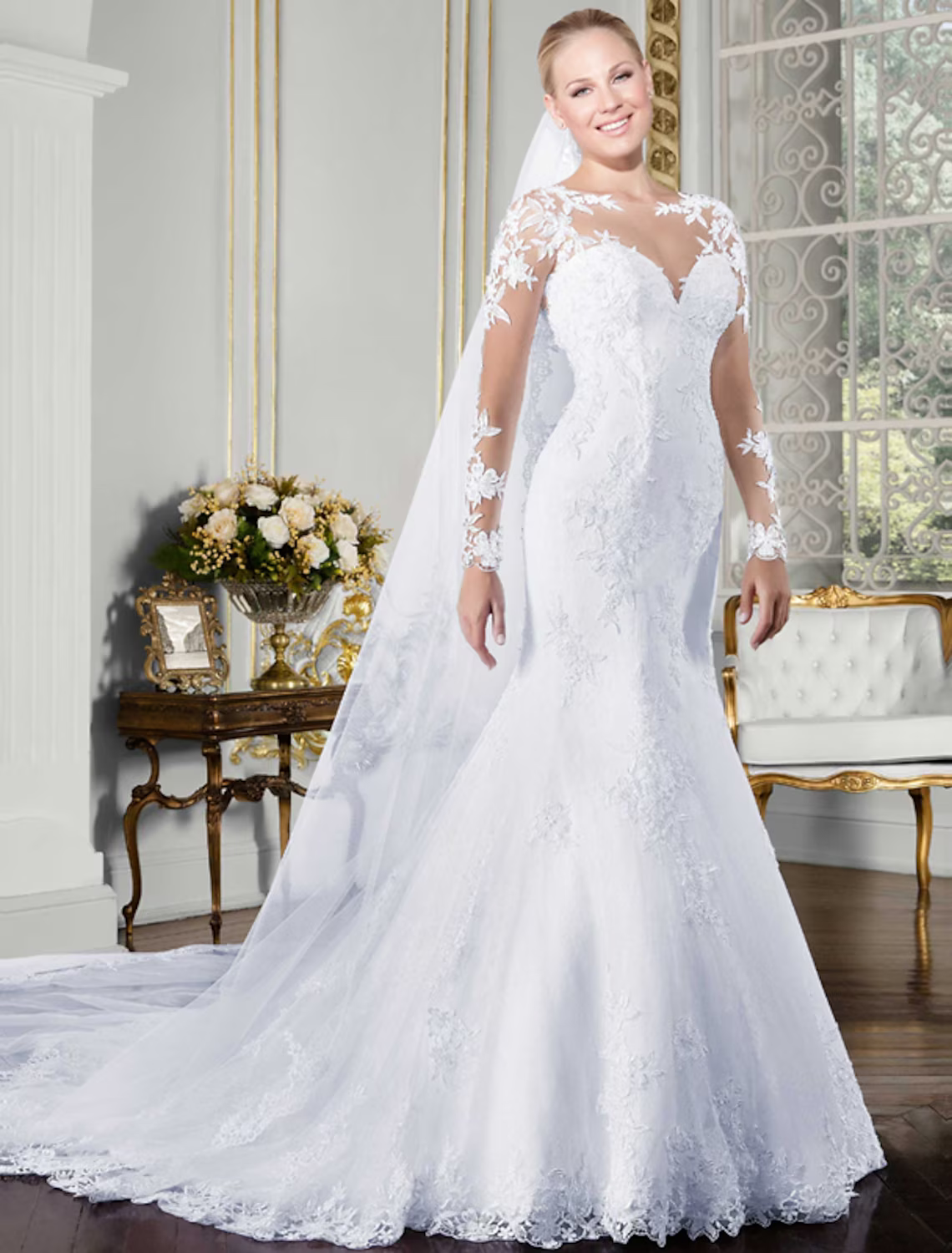 Open Back Sexy Formal Wedding Dresses Chapel Train Long Sleeve Neck Lace With Lace Appliques