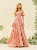 Chiffon Flutter-Sleeve V-Neck Ruched Bodice Tiered A-Line Floor-Length Dusty Rose Bridesmaid Dresses