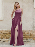Satin One-Shoulder Ruched Bodice Pocketed High-Slit A-Line Floor-Length Bridesmaid Dresses