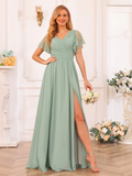 Chiffon One-Shoulder Flutter Sleeve Ruched Bodice High-Slit A-Line Floor-Length Soft Mint Bridesmaid Dresses