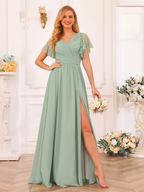 Chiffon One-Shoulder Flutter Sleeve Ruched Bodice High-Slit A-Line Floor-Length Soft Mint Bridesmaid Dresses