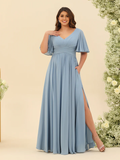 Chiffon Short-Sleeve V-Neck Ruched Bodice High-Slit A-Line Floor-Length Comfortable Bridesmaid Dress