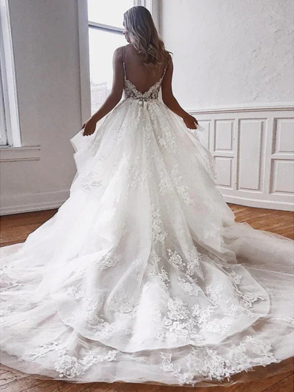 Spaghetti Strap V Neck A Line Tiered Wedding Dress For Modern Brides Elegant Flattering Silhouette