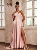 Satin Spaghetti-Strap Ruched Bodice High-Slit A-Line Train Floor-Length Bridesmaid Dresses